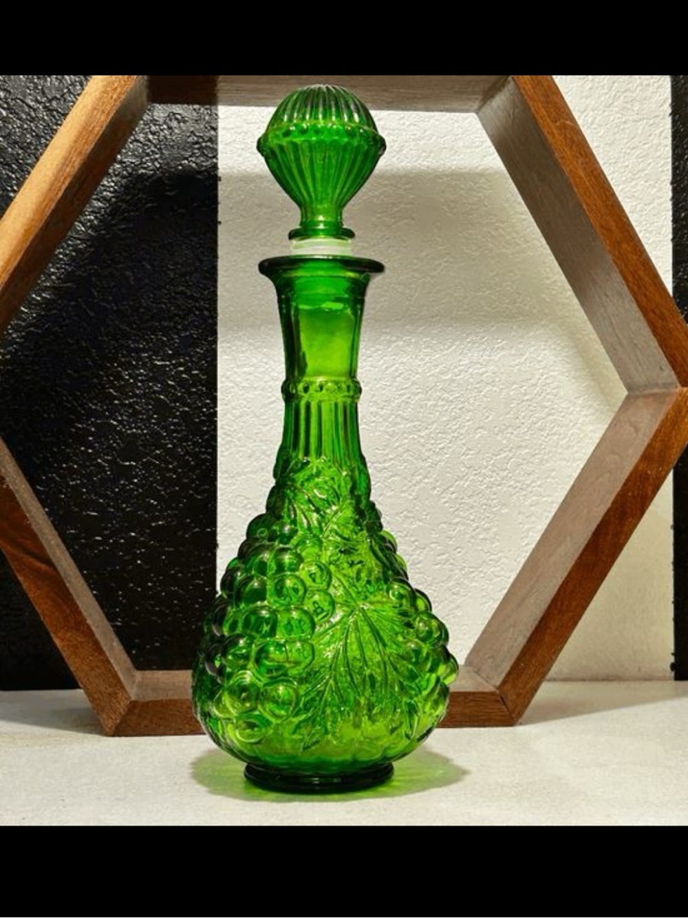 Vintage MCM Empoli Green Glass Decanter with Stopper  Cluster Grape Pattern